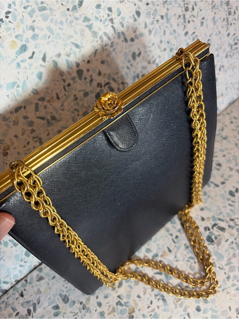 Bienen Davis Vintage Black Leather Frame Bag Gold Chain Shoulder Purse - Picture 3 of 9